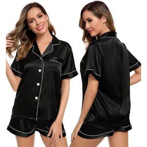 Women's Silk Satin Pajamas Set Short Sleeve Button-Down PJs Loungewear